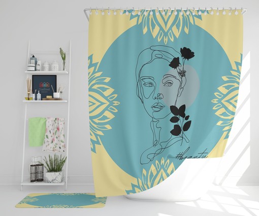Artistic Line Drawing Modern Boho Woman's Face Sketch Shower Curtain Set