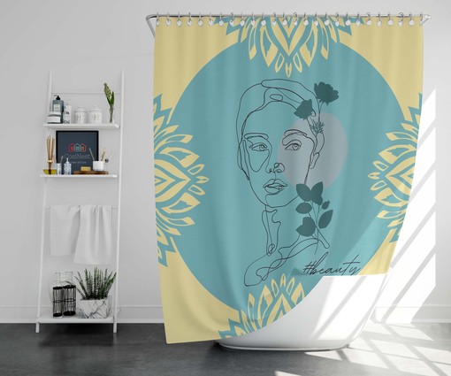 Artistic Line Drawing Modern Boho Woman's Face Sketch Shower Curtain Set - Image 2