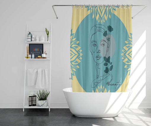 Artistic Line Drawing Modern Boho Woman's Face Sketch Shower Curtain Set - Image 3