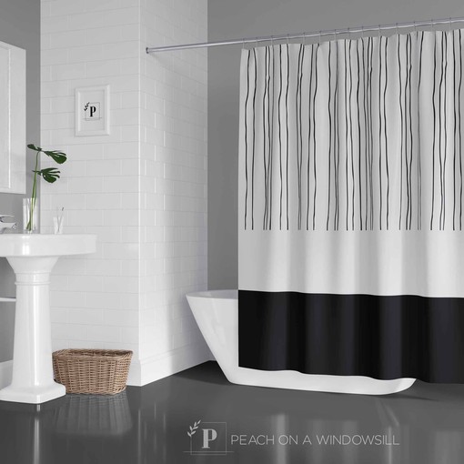 Artistic Post Modern Abstract Shower Curtain with Line Art Pattern for Modern Black and White Bath Decor