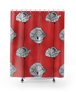 Artistic Touches for Your Bathroom with Boho Bath Curtain featuring Red Poppy Flowers and Floral Silver Decor