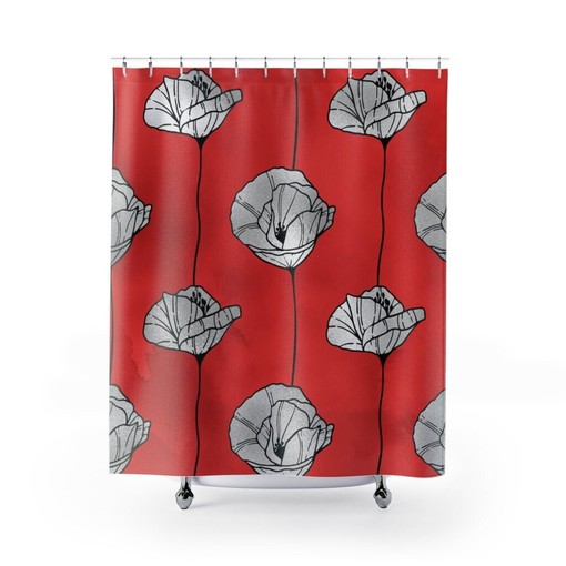 Artistic Touches for Your Bathroom with Boho Bath Curtain featuring Red Poppy Flowers and Floral Silver Decor