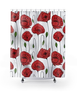 Artistic Touches for Your Bathroom with Boho Bath Curtain featuring Red Poppy Flowers and Green and White Floral Decor