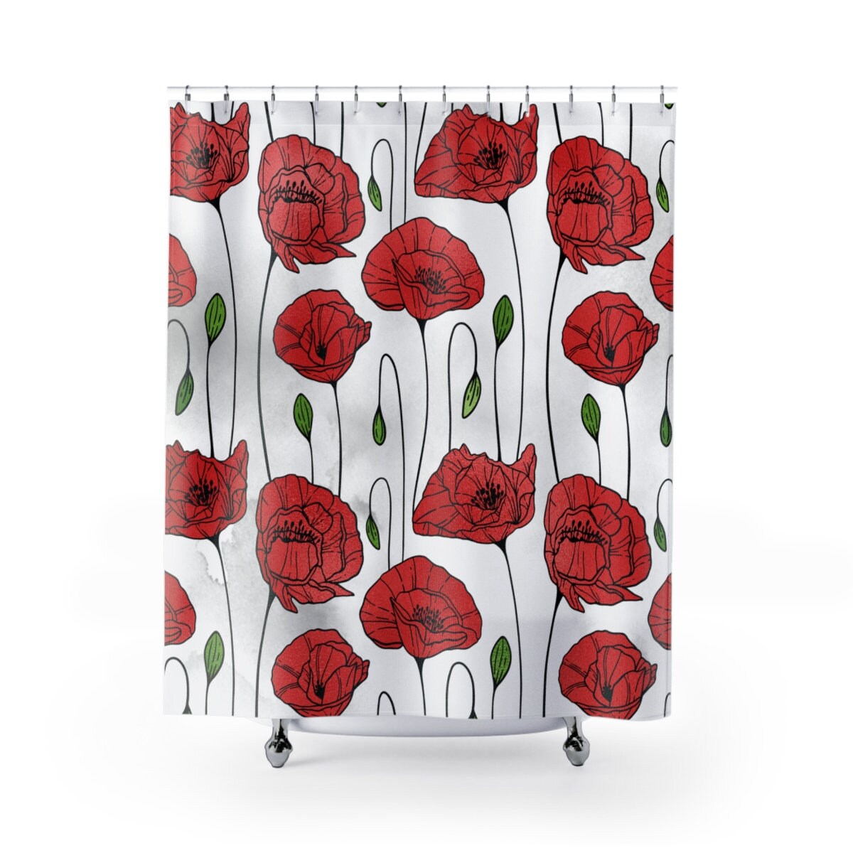 Artistic Touches for Your Bathroom with Boho Bath Curtain featuring Red Poppy Flowers and Green and White Floral Decor