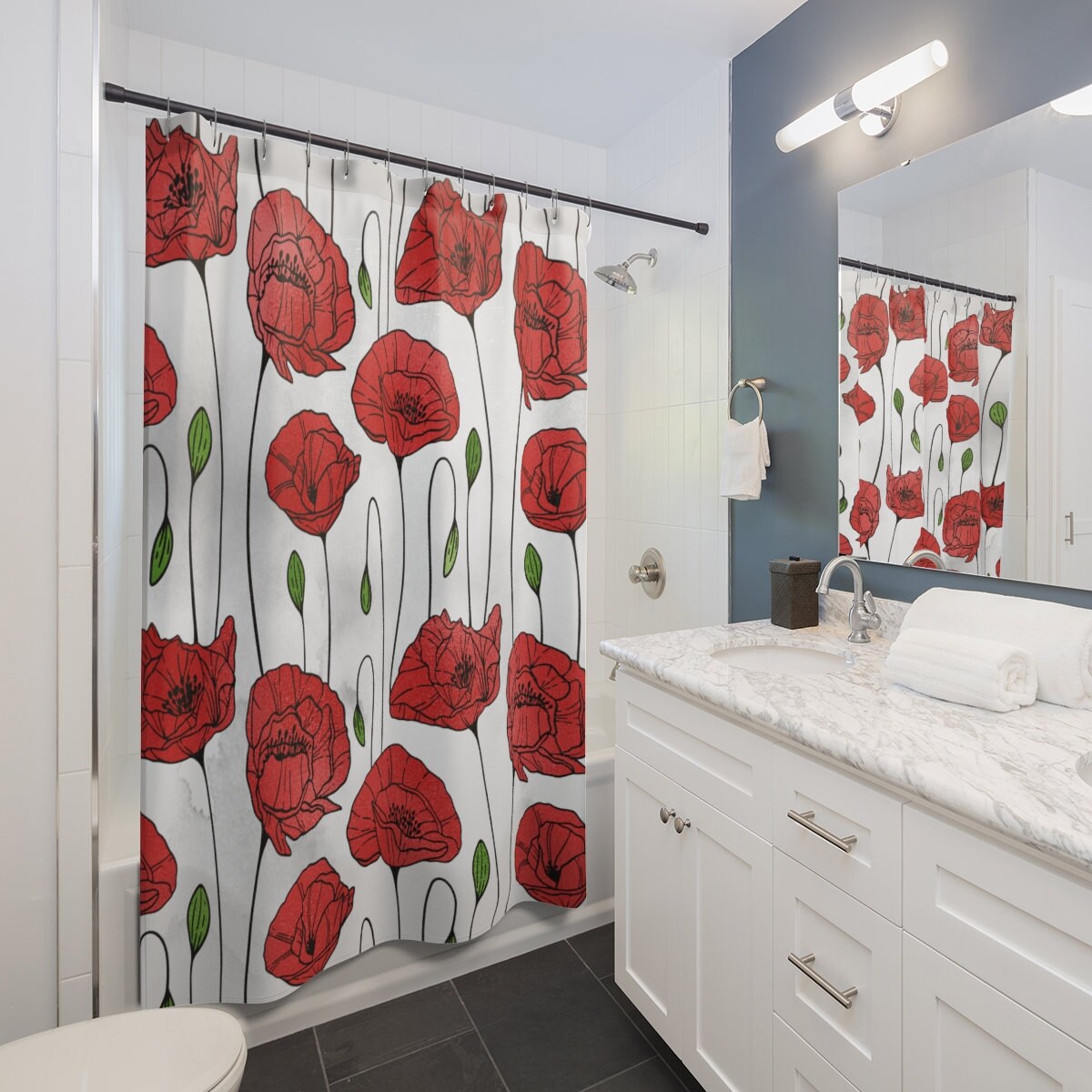 Artistic Touches for Your Bathroom with Boho Bath Curtain featuring Red Poppy Flowers and Green and White Floral Decor - Image 2
