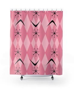 Atomic Age Shower Curtain with 50's Starburst Harlequin Diamonds Boomerang Design