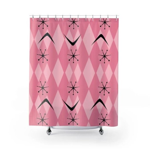 Atomic Age Shower Curtain with 50's Starburst Harlequin Diamonds Boomerang Design - Image 2