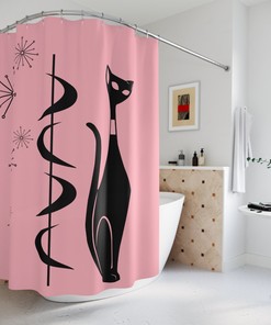 Atomic Cat Mod Retro Shower Curtain with Pink Starburst Boomerang Design for a Vintage-Inspired Bathroom