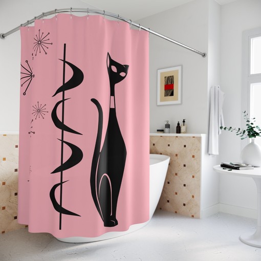 Atomic Cat Mod Retro Shower Curtain with Pink Starburst Boomerang Design for a Vintage-Inspired Bathroom