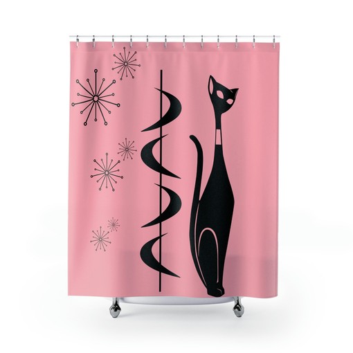 Atomic Cat Mod Retro Shower Curtain with Pink Starburst Boomerang Design for a Vintage-Inspired Bathroom - Image 2