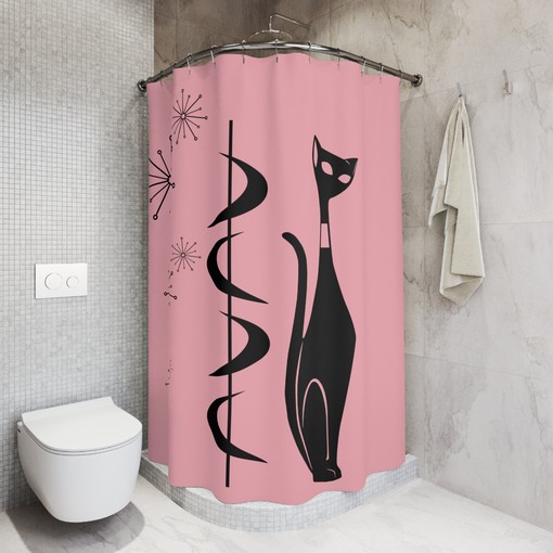 Atomic Cat Mod Retro Shower Curtain with Pink Starburst Boomerang Design for a Vintage-Inspired Bathroom - Image 3