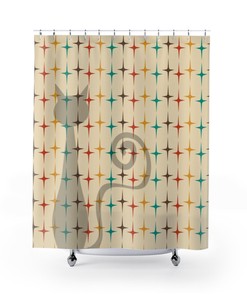 Atomic Cat Retro Starburst Teal Shower Curtain for MCM Bathroom