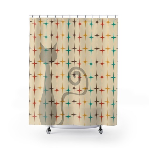 Atomic Cat Retro Starburst Teal Shower Curtain for MCM Bathroom