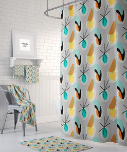 Atomic Gray Mid Century Modern Shower Curtain Set with Towels and Bath Mat