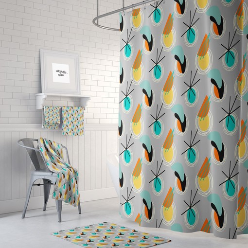 Atomic Gray Mid Century Modern Shower Curtain Set with Towels and Bath Mat