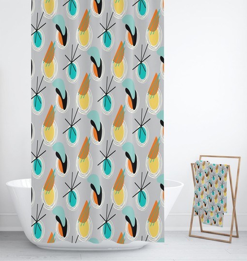 Atomic Gray Mid Century Modern Shower Curtain Set with Towels and Bath Mat - Image 2