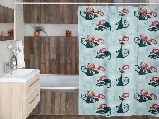 Atomic Kitty Christmas Shower Curtain, Retro Bathroom Accessory with a Modern Flair for Festive Bath