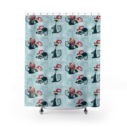 Atomic Kitty Christmas Shower Curtain, Retro Bathroom Accessory with a Modern Flair for Festive Bath - Image 2