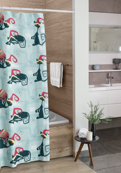 Atomic Kitty Christmas Shower Curtain, Retro Bathroom Accessory with a Modern Flair for Festive Bath - Image 4
