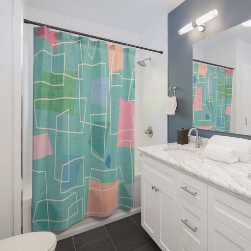 Atomic Kitty Pattern Mid Century Modern Shower Curtains - MCM Shower Accessory with Retro Touch - Image 3