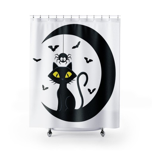 Atomic Kitty Shower Curtain, Halloween Backdrop, Fall Home Decor, Vintage Bathroom Set