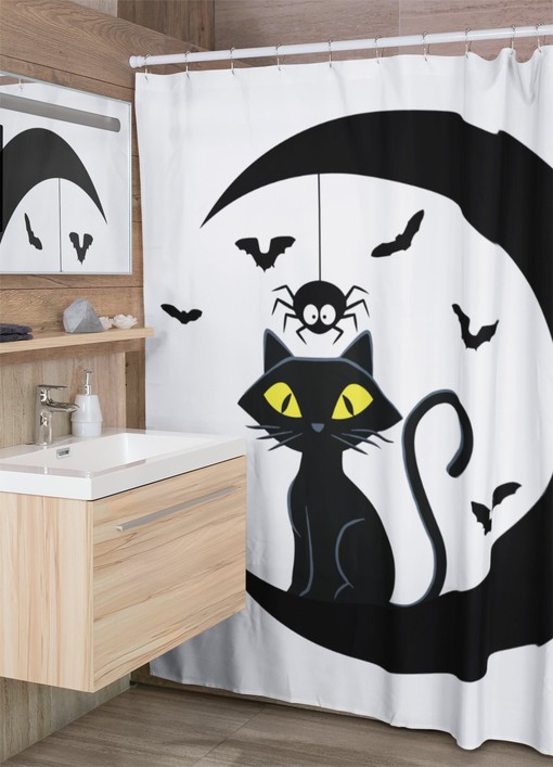 Atomic Kitty Shower Curtain, Halloween Backdrop, Fall Home Decor, Vintage Bathroom Set - Image 2