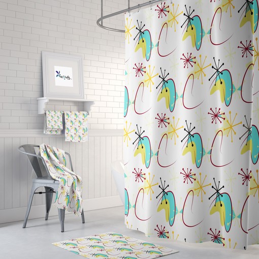Atomic Mid Century Modern Patterns Shower Curtain Set: Match with Towels and Bath Mat