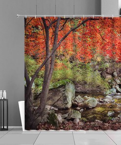 Autumn Fall Leaves Vintage Bathroom Shower Curtain | Forest Trees Creek Water Landscape Bathroom Home Decor