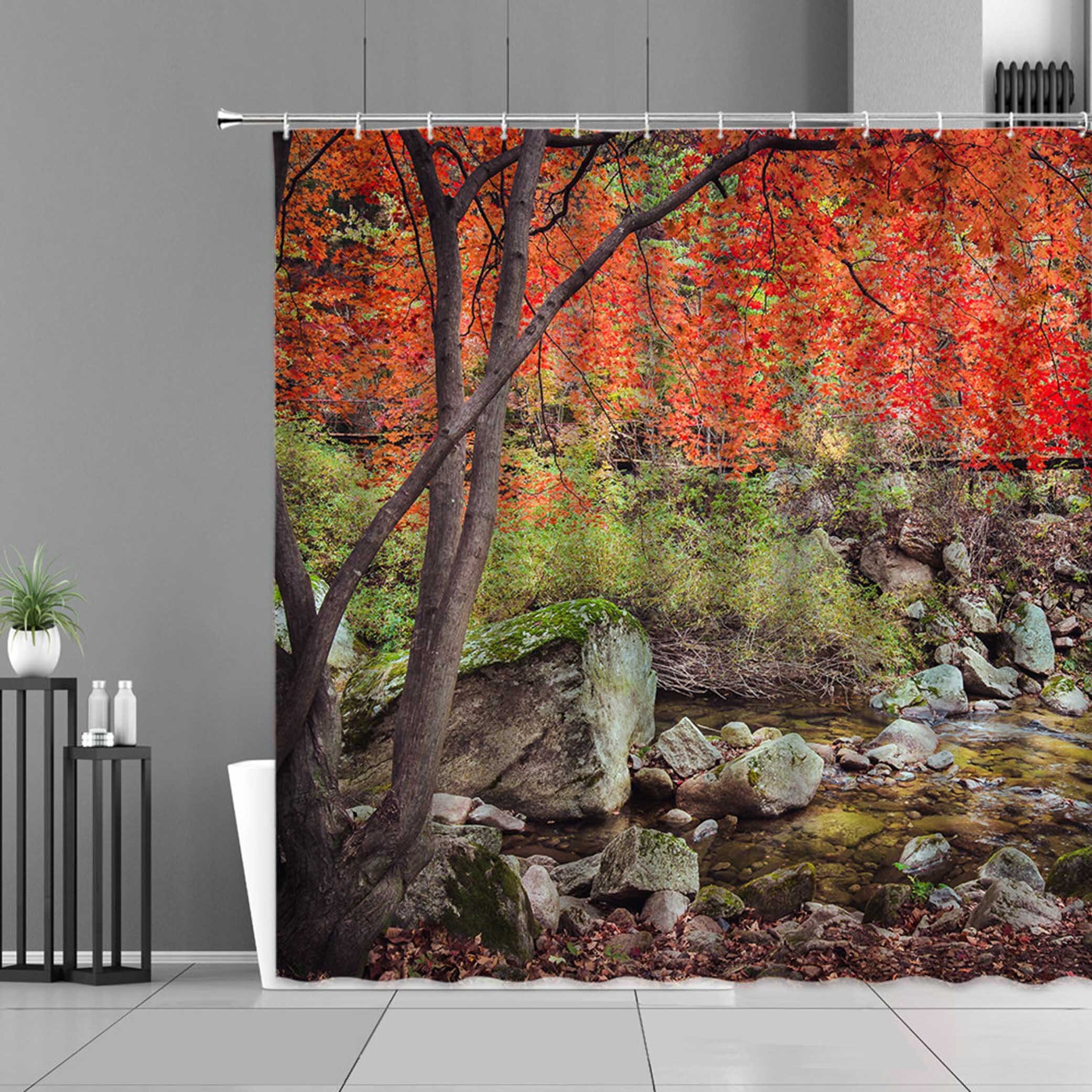 Autumn Fall Leaves Vintage Bathroom Shower Curtain | Forest Trees Creek Water Landscape Bathroom Home Decor