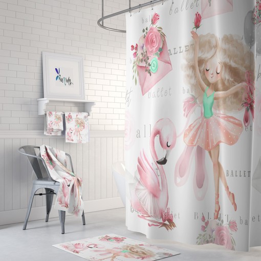Ballet Theme Shower Curtain with Pink Ballerina Bath Accessories for Elegant Bathroom Decor