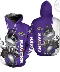 Baltimore Ravens Jack Skellington and Zero 3D Hoodie in All Over Print with Spooky Design