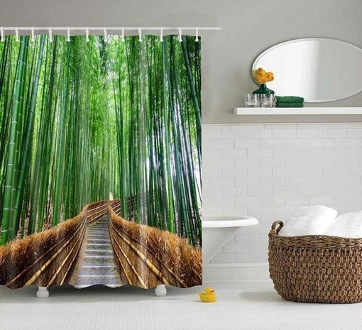 Bamboo Bridge Scenery Shower Curtain | Outdoor Landscape Print | Bathroom Accessories