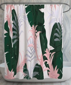 Banana Leaves Vintage Shower Curtain | Trendy Tropical Bath Decor | Forest Green & Pink Bathroom Curtains