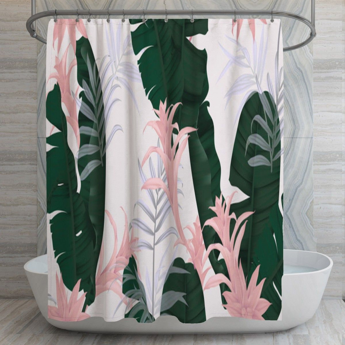 Banana Leaves Vintage Shower Curtain | Trendy Tropical Bath Decor | Forest Green & Pink Bathroom Curtains