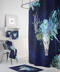 Bathroom Decor Boho Chic Bull Skull Shower Curtain in Blue