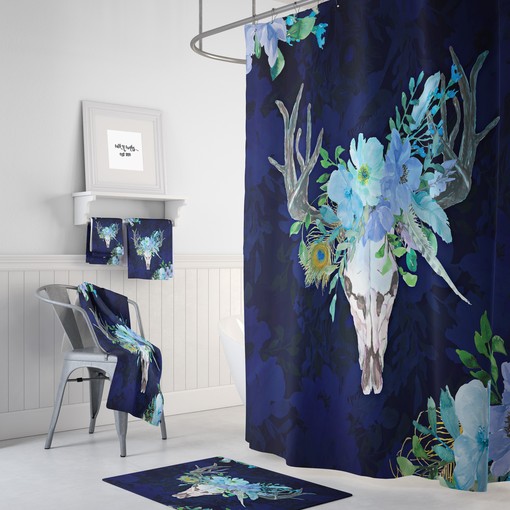 Bathroom Decor Boho Chic Bull Skull Shower Curtain in Blue