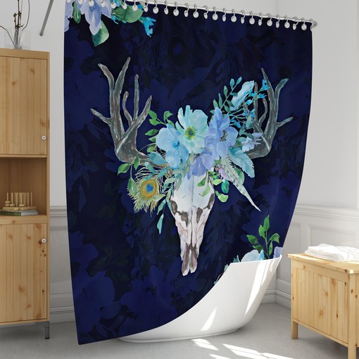 Bathroom Decor Boho Chic Bull Skull Shower Curtain in Blue - Image 2