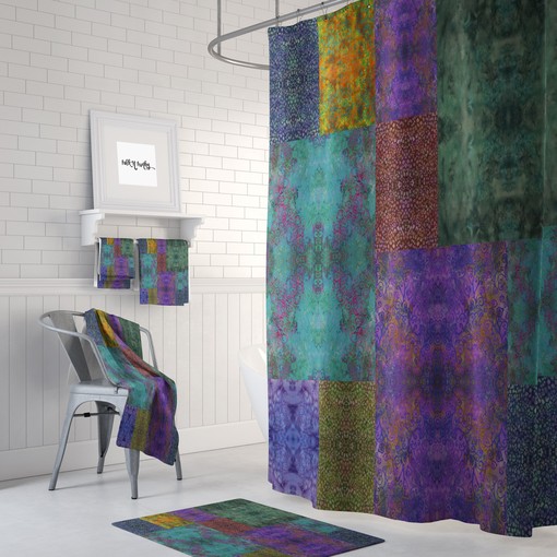 Batik Design Boho Shower Curtain Set with Optional Bath Mat and Bathroom Decor