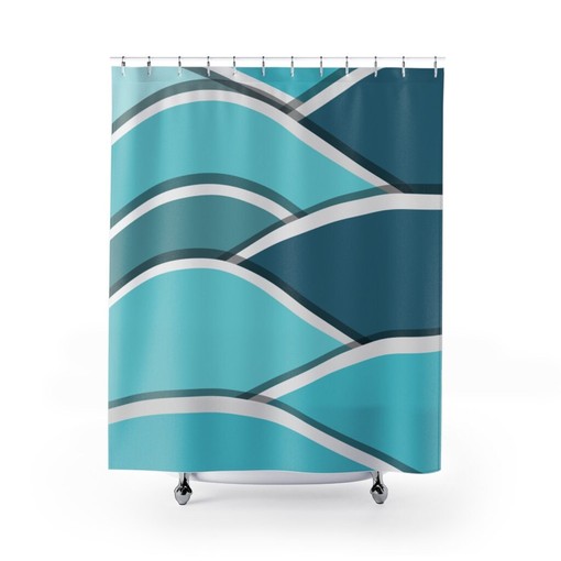 Beach House Blue Wave Mid Mod Teal and Aqua Retro Shower Curtain for a Coastal Vibe