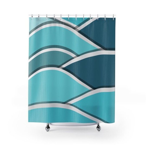 Beach House Blue Wave Mid Mod Teal and Aqua Retro Shower Curtain for a Coastal Vibe - Image 2