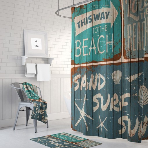 Beachy Rustic Sign Faux Wood Shower Curtain with Optional Bath Set