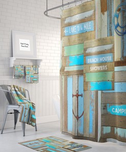 Beachy Rustic Sign Faux Wood Shower Curtain with Optional Towels and Mat