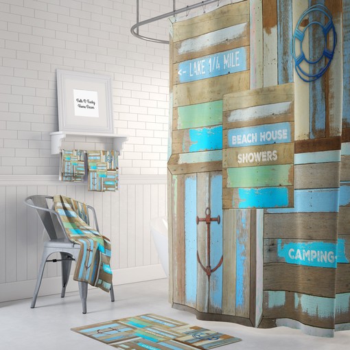 Beachy Rustic Sign Faux Wood Shower Curtain with Optional Towels and Mat