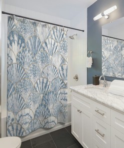 Beachy Sea Shell Blue and White Ocean Shower Curtain - Relax with a Serene Beach Feel