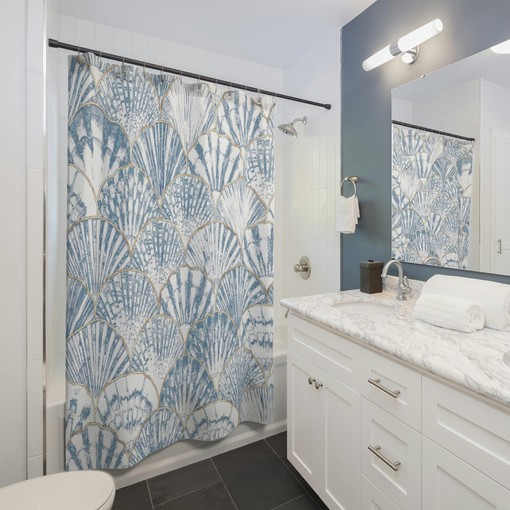 Beachy Sea Shell Blue and White Ocean Shower Curtain - Relax with a Serene Beach Feel