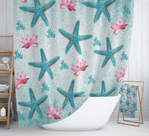 Beachy Starfish Lotus Shower Curtain Set - Soothing Coastal Decor for Your Bathroom - Image 2
