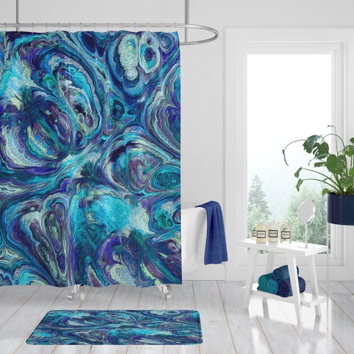 Beautiful Blue Abstract Boho Shower Curtain Set with Bathroom Decor
