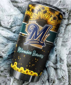 Beautiful Sunflower and Custom MLB Logo - Milwaukee Brewers MLB Tumbler with Personalized Design