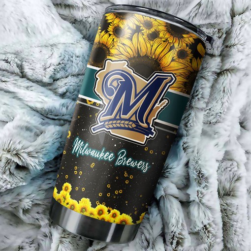 Beautiful Sunflower and Custom MLB Logo - Milwaukee Brewers MLB Tumbler with Personalized Design