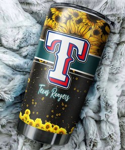 Beautiful Sunflower and Custom MLB Logo - Texas Rangers MLB Tumbler with Personalized Design and Baseball Tumbler Ideas